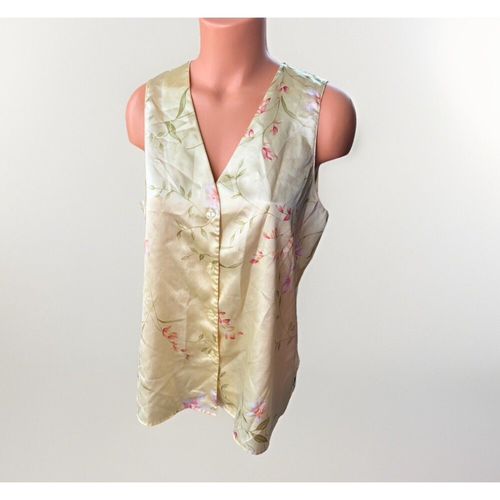 Vintage Oscar de la Renta Pink Label Satin Floral Top Yellow Sleeveless V-Neck L